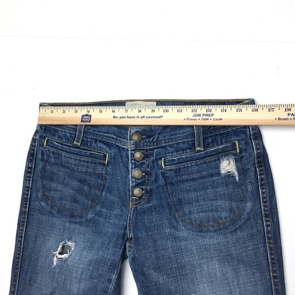 Old Navy Jeans Slim Boot Button Fly Ultra Low Rise Distressed size 8 length 32" - Picture 4 of 9